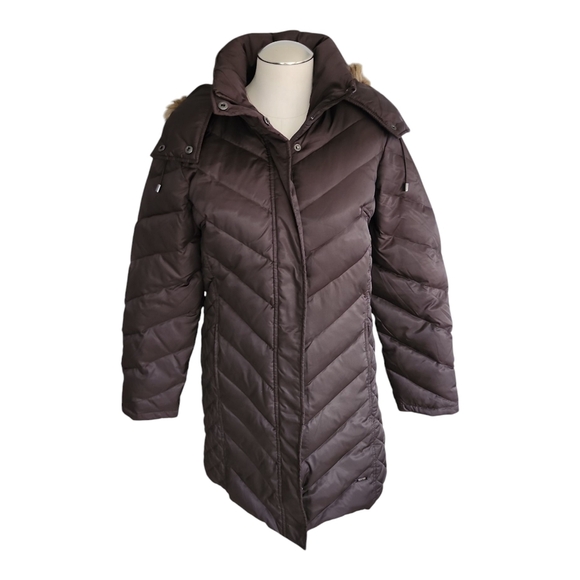 Kenneth Cole Reaction Brown Puffer Coat Women’s Small Hooded Long Jacket - Picture 1 of 12